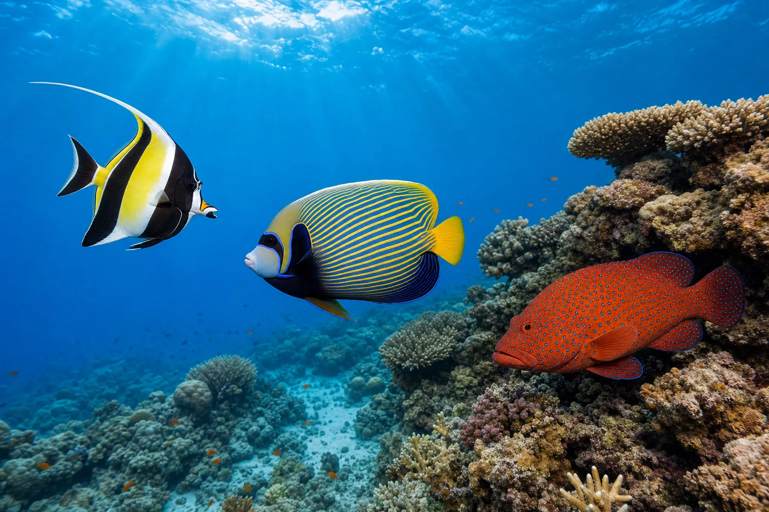Coral reef with an emperor angelfish, a Moorish idol and a coral grouper
