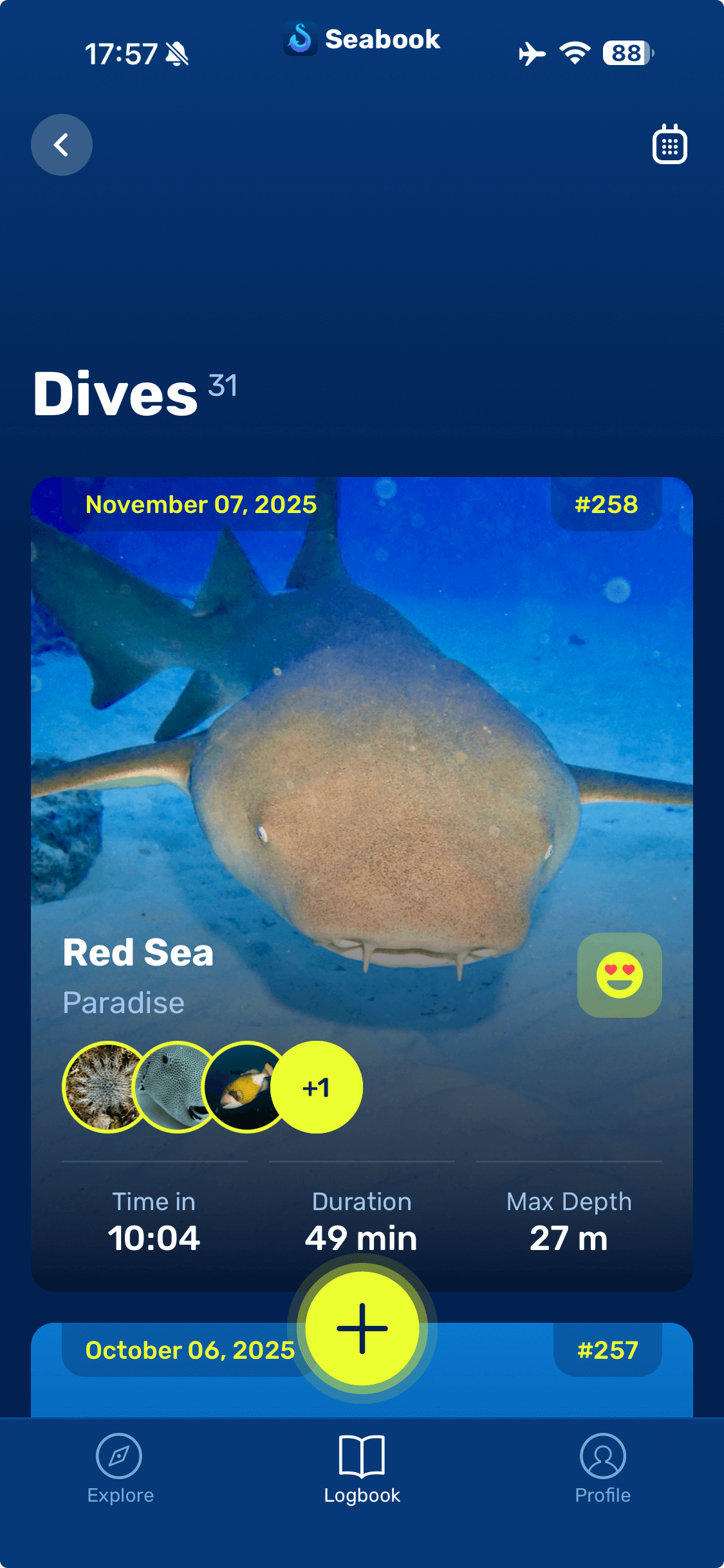 Seabook dive log showing saved dives