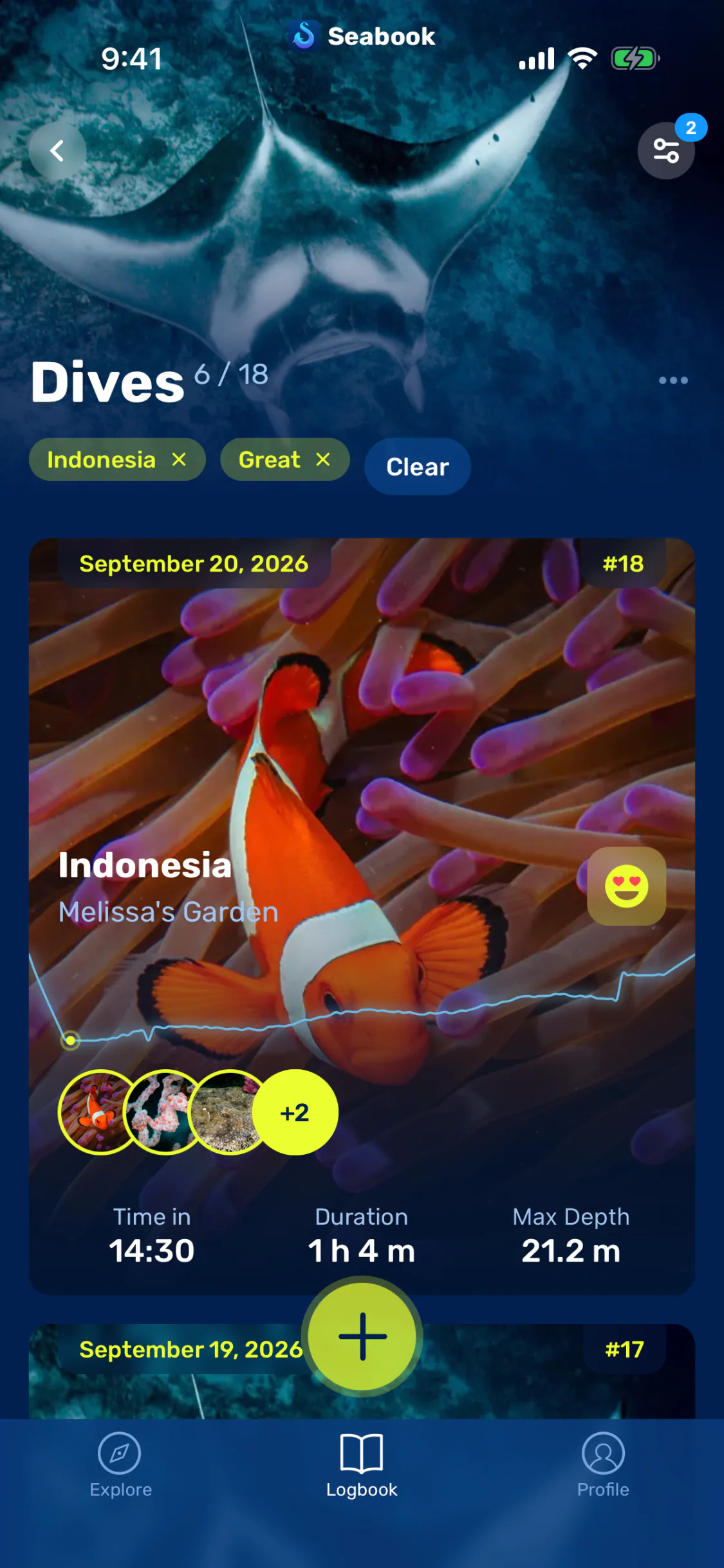 Seabook dive log showing saved dives